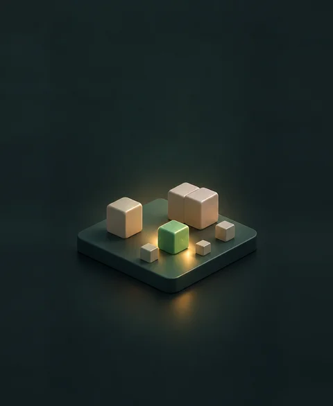 A small platform holding a few scattered blocks, one glowing green among plain ones.
