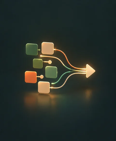 Four cards, each a focused change, flowing along glowing lines toward an arrow.