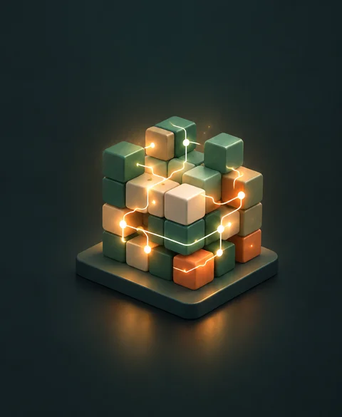 The blocks assembled into one connected cube, glowing along its internal seams.