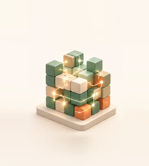 The blocks assembled into one connected cube, glowing along its internal seams.