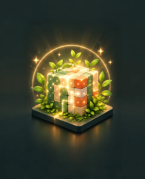 The cube alive with leaves growing from it, surrounded by sparkling light.