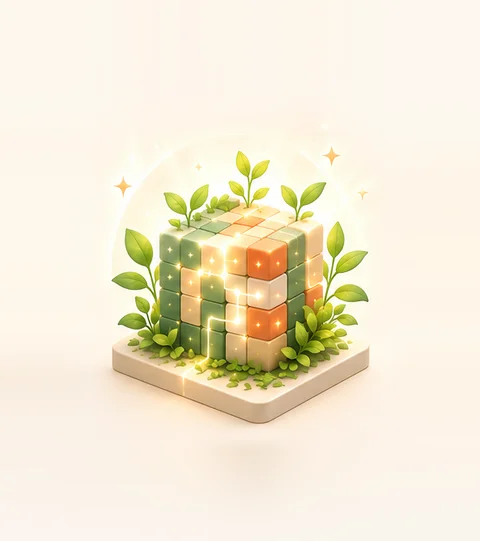 The cube alive with leaves growing from it, surrounded by sparkling light.